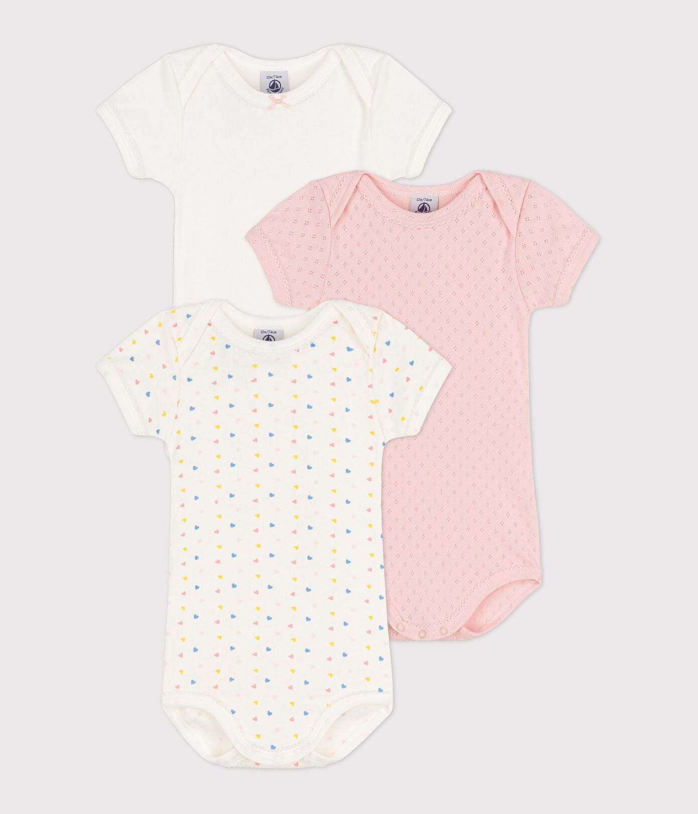 Petit Bateau trio rompertjes korte mouw roze hartjes