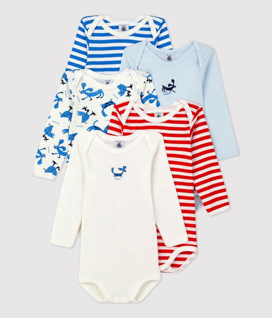 Petit Bateau vijf-pak rompertjes blauw dieren lange mouw