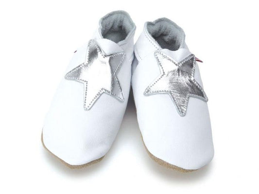 Starchild leren babyslofje wit met zilveren ster